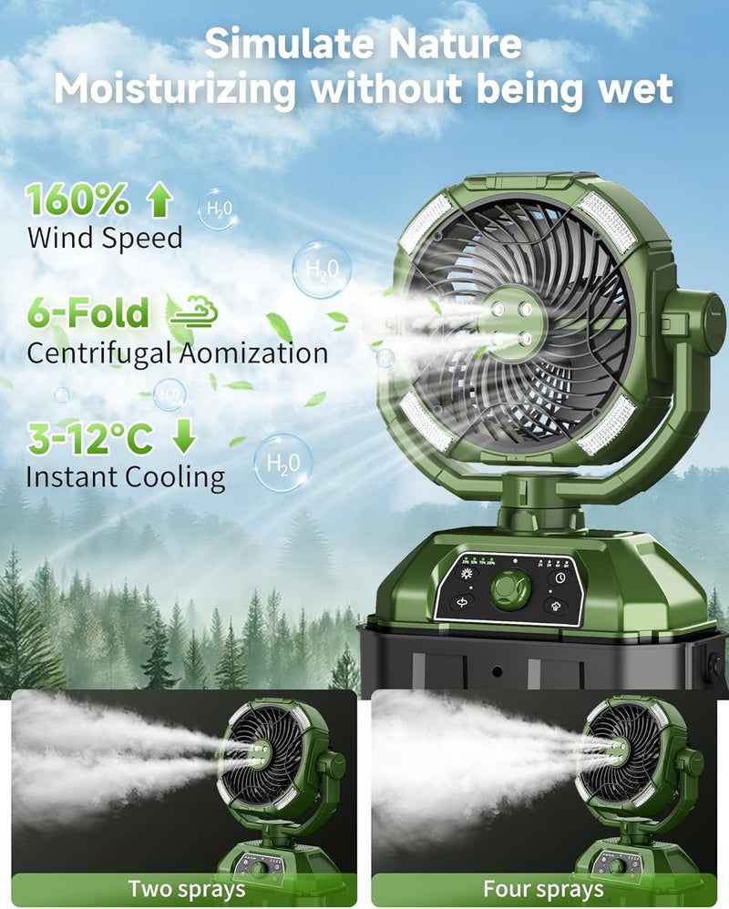 Kocyare Misting fan with 7L bucket 90°Oscillating ,4 Spray Mister 25000mAh Rechargeable Camping fan with Remote Control Stepless Speed and Timer for Patios/Camping，Waterproof Design Outdoor Fans (Green) - Image 3